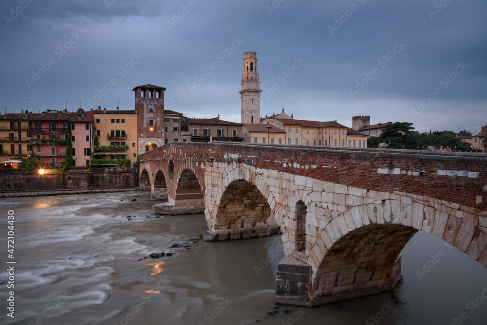 The famous Stone Bridge (Ponte di Piettra) over Adige river in Verona old town at sunrise, Verona, Veneto Region, Italy