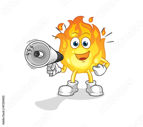 fire holding hand loudspeakers vector. cartoon character