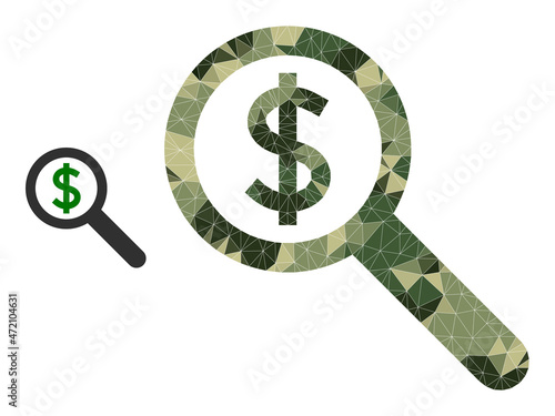Camouflage low-poly mosaic financial audit icon. Low-poly financial audit icon combined from chaotic camo color triangle parts. Vector financial audit icon created in camouflage military style.