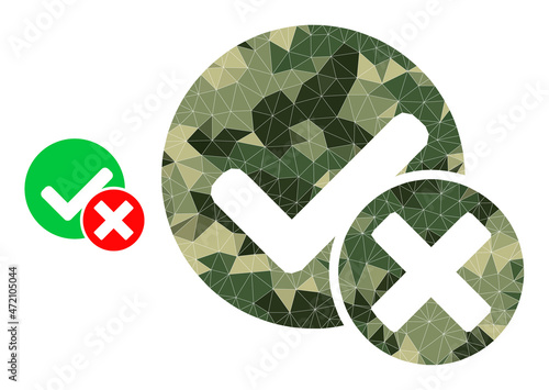 Camouflage triangle mosaic false positive icon. Lowpoly false positive icon combined from chaotic camouflage colored triangle parts. Vector false positive icon created in camouflage military style.