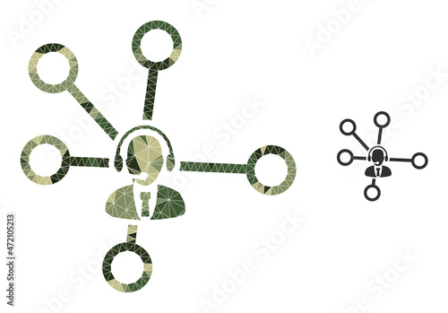 Camouflage triangle collage call center links icon. Low-poly call center links icon is constructed from randomized camouflage filled triangle parts.