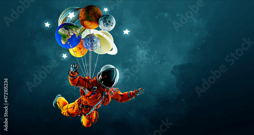 Astronaut with balloons and planets on the background of the space. Vector illustration