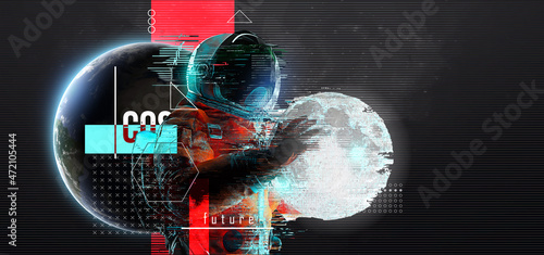 Fotografia, Obraz Glitch astronaut on the background of the moon and space