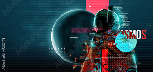 Tablou canvas Glitch astronaut on the background of the moon and space