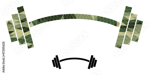 Camouflage low-poly mosaic heavy barbell icon. Low-poly heavy barbell icon constructed from random camo color triangle parts. Vector heavy barbell icon created in camouflage army style.