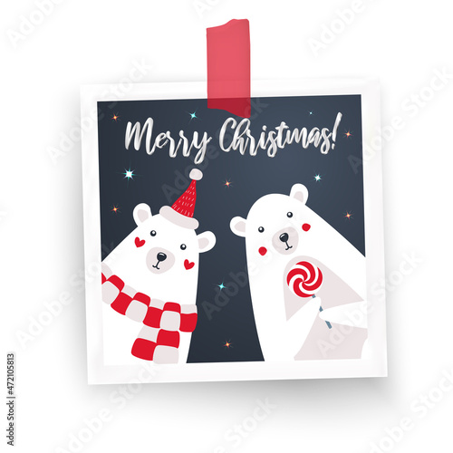 Photo frame with white borders and sticker. Two cartoon characters polar white bears. New year and christmas 2021 2022 postcard banner design. Metallic calligraphic text