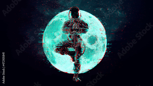 Glitch astronaut on the background of the moon and space. Digital pixel noise abstract design. Vector illustration