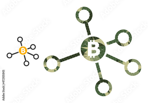 Camouflage low-poly mosaic bitcoin node links icon. Low-poly bitcoin node links icon constructed with scattered camouflage color triangles. Vector bitcoin node links pictogram in khaki army style.