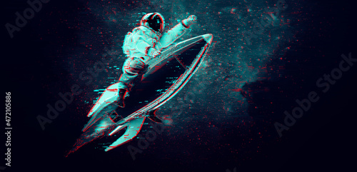 Glitch astronaut on the background of the moon and space. Digital pixel noise abstract design. Vector illustration