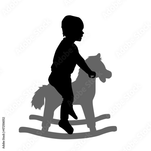 toddler on rocking horse, kid playing, vector silhouette isolated on white background