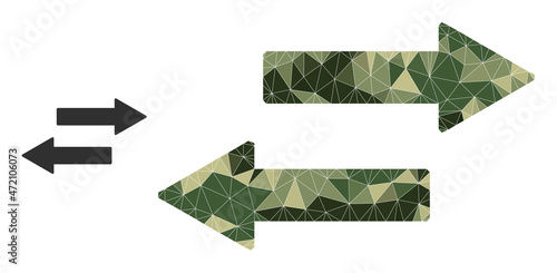 Camouflage low-poly collage horizontal exchange arrows icon. Low-poly horizontal exchange arrows icon constructed from random camouflage filled triangles.