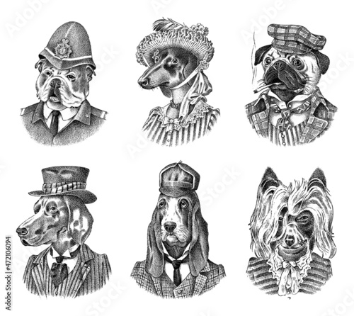 Pug Dog dog smokes cigar in suit. English Bulldog policeman. Herding and Bloodhound and German Shorthaired Pointer and Dachshund. Fashion Animal character in clothes. Engraved Hand drawn sketch.