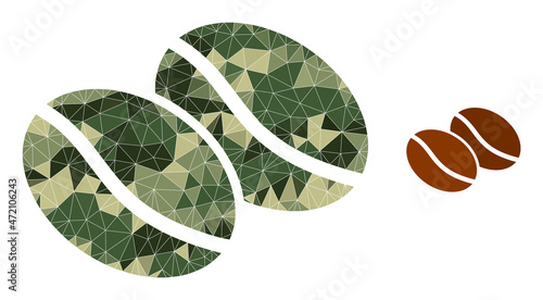 Camouflage triangle mosaic coffee beans icon. Lowpoly coffee beans pictogram is constructed with randomized camouflage filled triangle parts. Vector coffee beans icon designed in khaki military style.