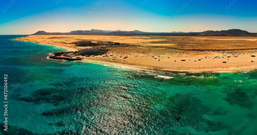 Panoramic aerial view of Grandes Playa beach Corralejo Fuerteventura