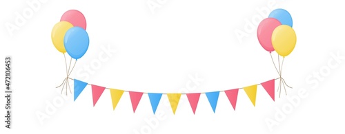cartoon decorative triangular flags garland with baloons, vector illustration in pastel colors isolated on white background