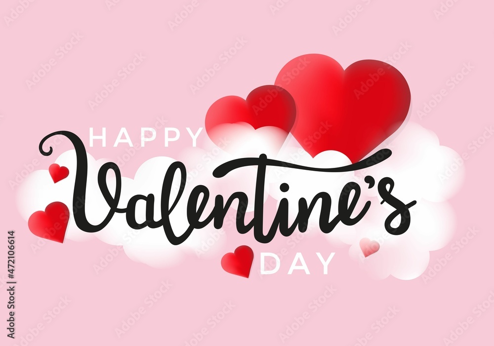 Happy Valentine's day greeting card with realistic red hearts, white clouds and pastel pink background. 14 February design template for banner, web, brochure, flyer, cover. Vector illustration