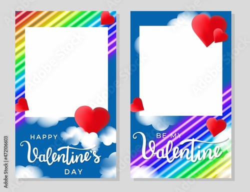 LGBT Valentine's day photo booth prop with neon flag colors, red hearts and clouds. Happy Valentine's day photo frame Concept for decoration, selfie or party, 14 February rainbow vector illustration