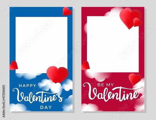 Happy Valentine's day photo booth prop set with red hearts and clouds.Happy Valentine's day cute photo frame. Trendy Concept for decoration, selfie or party, 14 February typography vector illustration