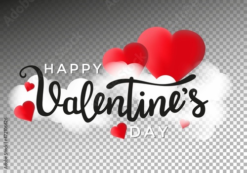 Happy Valentine's day greeting card with realistic red hearts, white clouds and pastel pink background. 14 February design template for banner, web, brochure, flyer, cover. Vector illustration