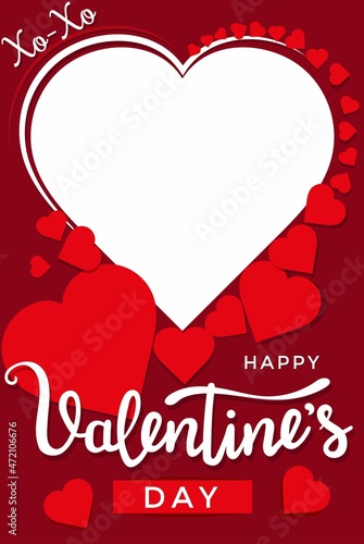 Valentine's Day photo booth prop with red hearts. Flat style vector illustration. Happy Valentine's day cute photo frame. Concept for decoration, selfie or party, 14 February greeting card template