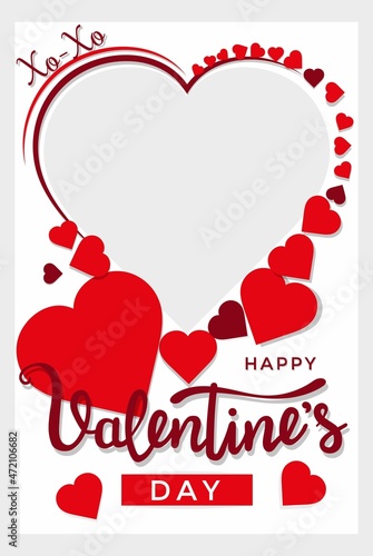 Valentine's Day photo booth prop with red hearts. Flat style vector illustration. Happy Valentine's day cute photo frame. Concept for decoration, selfie or party, 14 February greeting card template