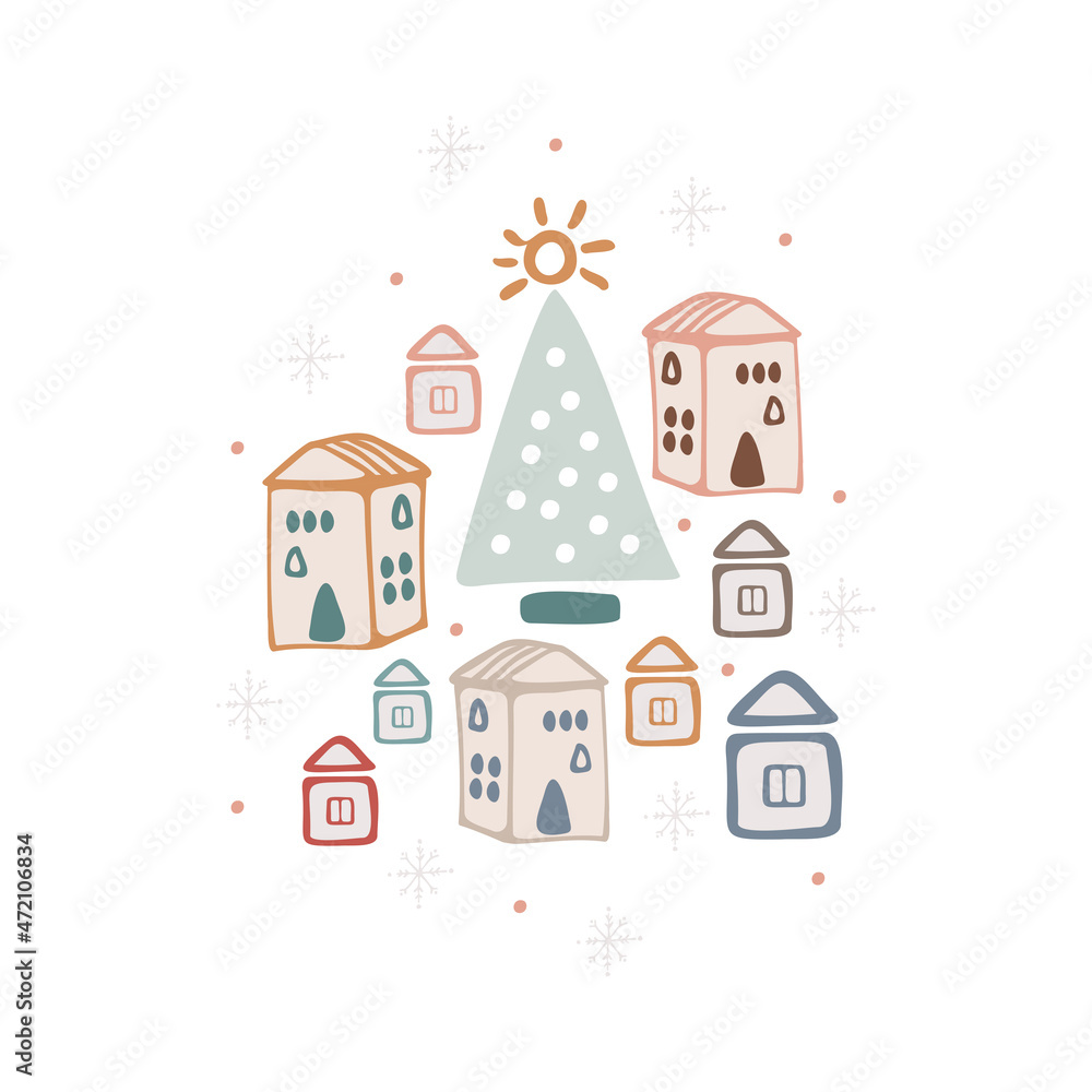 Boho winter holidays elements in hand drawn style. Christmas vector decoration. Scandinavian landscape, houses, trees and Christmas trees. Greeting cards, posters, invitation design.