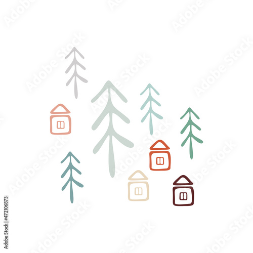 Boho winter holidays elements in hand drawn style. Christmas vector decoration. Scandinavian landscape, houses, trees and Christmas trees. Greeting cards, posters, invitation design.