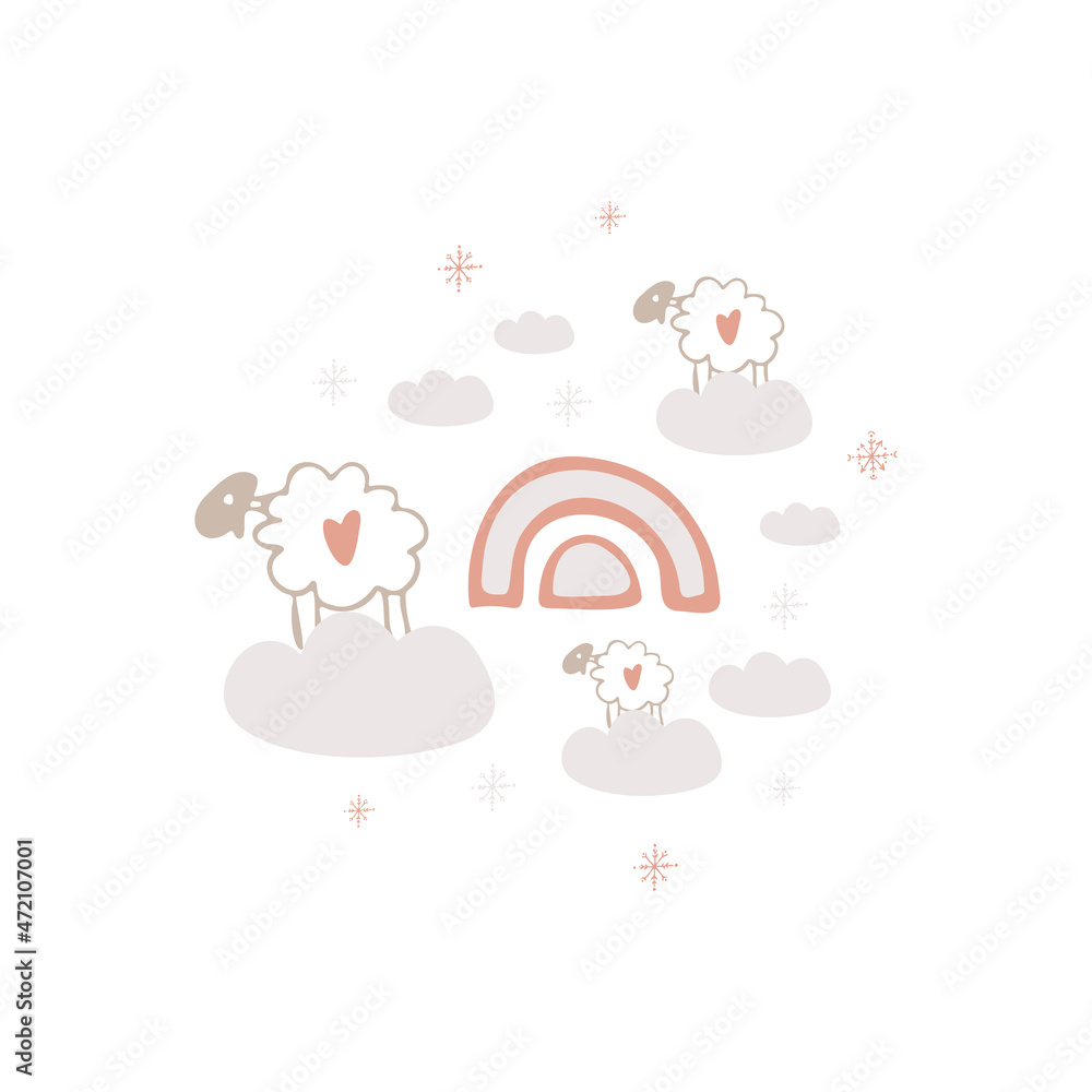 Boho winter holidays elements in hand drawn style. Christmas vector decoration. Sheeps on clouds, snow and rainbow. Greeting cards, posters, invitation design. Boho winter holidays elements in hand drawn style. Christmas vector decoration. Sheeps on clouds, snow and rainbow. Greeting cards, posters, invitation design.