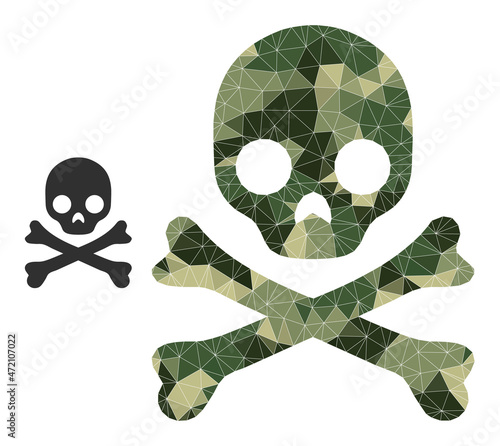 Camouflage lowpoly collage death skull icon. Lowpoly death skull icon combined with chaotic camo color triangle parts. Vector death skull icon designed in camo military style.