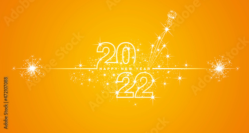 Happy New Year 2022 eve line design loading sparkle firework champagne open white orange yellow vector wallpaper greeting card