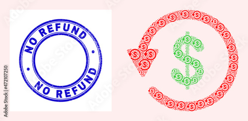 Vector dollar refund icon mosaic is composed from repeating recursive dollar refund pictograms. No Refund textured blue round stamp. Fractal composition from dollar refund icon.