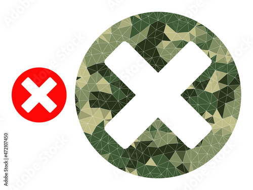 Camouflage lowpoly collage cancel sign icon. Lowpoly cancel sign icon is constructed from randomized khaki color triangle parts. Vector cancel sign icon in khaki army style.