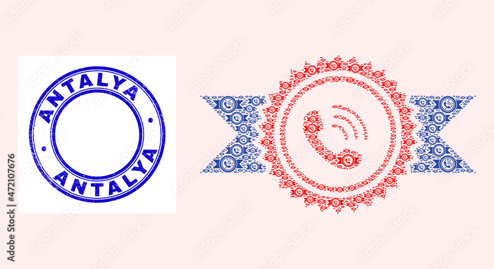 Obraz premium Vector call center stamp with ribbons icon mosaic is designed of random recursive call center stamp with ribbons parts. Antalya dirty blue round seal print.