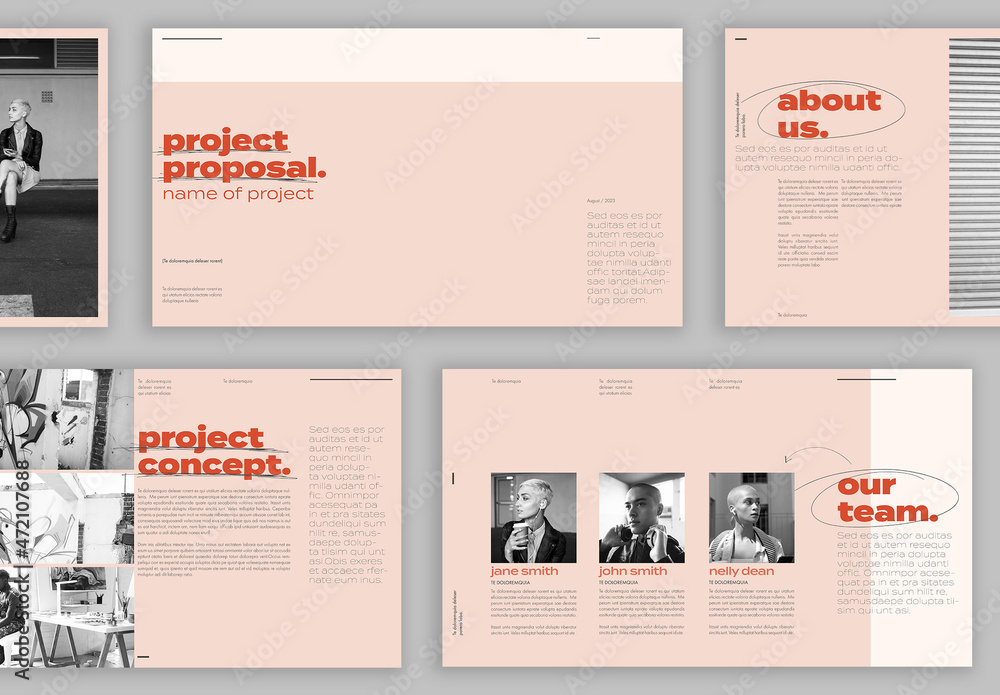 Pitch Deck Layout with Pink and Coral Accents Stock Template | Adobe Stock