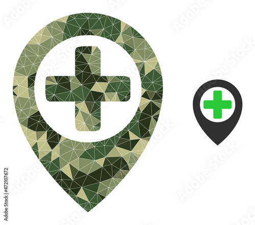 Camouflage triangle mosaic hospital map pointer icon. Low-poly hospital map pointer icon designed of scattered khaki filled triangles.