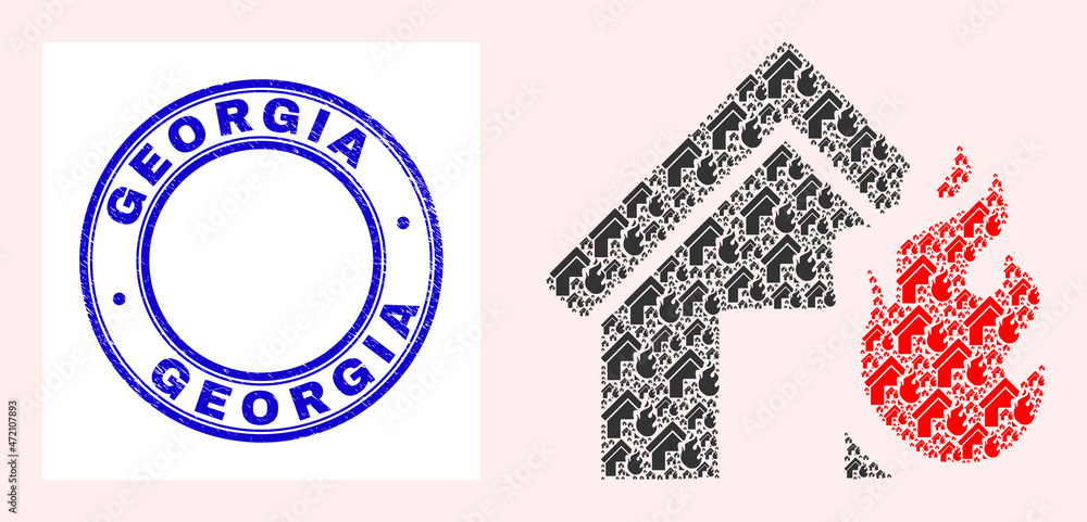 Vector house fire disaster icon collage is designed from randomized recursive house fire disaster elements. Georgia scratched blue round seal print. Recursive combination of house fire disaster icon. Vector house fire disaster icon collage is designed from randomized recursive house fire disaster elements. Georgia scratched blue round seal print. Recursive combination of house fire disaster icon.