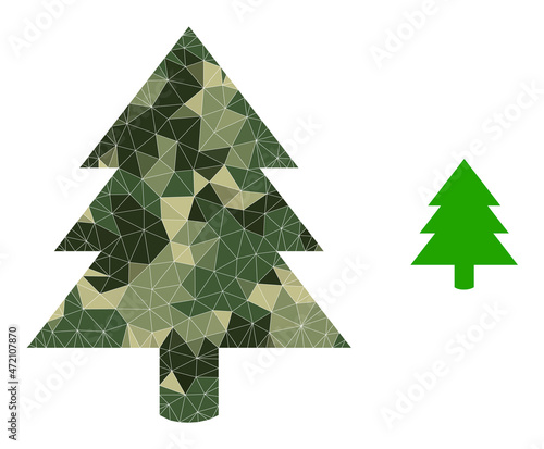 Camouflage lowpoly collage fir tree icon. Lowpoly fir tree pictogram is designed with chaotic camouflage color triangle parts. Vector fir tree pictogram in khaki army style.