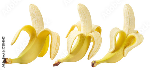 Set of delicious peeled bananas, isolated on white background photo