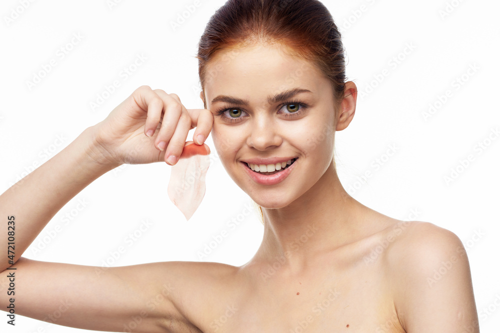 Cheerful Woman Bare Shoulders Patches Skin Care Cheerful Woman Bare Shoulders Patches Skin Care