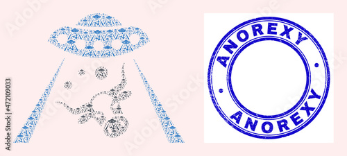 Vector cow abduction icon composition is designed from scattered recursive cow abduction elements. Anorexy scratched blue round stamp. Recursive collage from cow abduction icon. photo