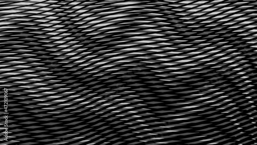 Wavy moire abstract textured vector banner with grid stripes deformation effect on black background. Modern backdrop saver for web design, business card, mobile apps, poster, banner, package.