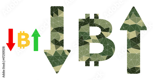 Camouflage triangle collage bitcoin volatility icon. Lowpoly bitcoin volatility icon designed from scattered khaki colored triangles. Vector bitcoin volatility icon designed in camouflage army style.