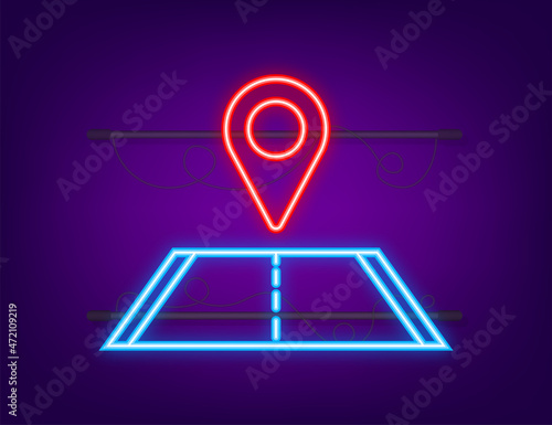Road neon pin. Travel icon. Location pin sign. Vector stock illustration.
