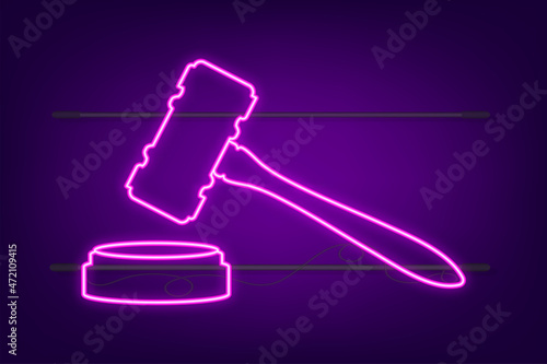 Wooden judge gavel and soundboard neon sign. Vector stock illustration.