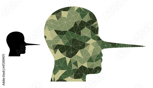 Camouflage polygonal collage liar person icon. Lowpoly liar person icon is designed with chaotic camouflage filled triangles. Vector liar person icon in camouflage army style. photo