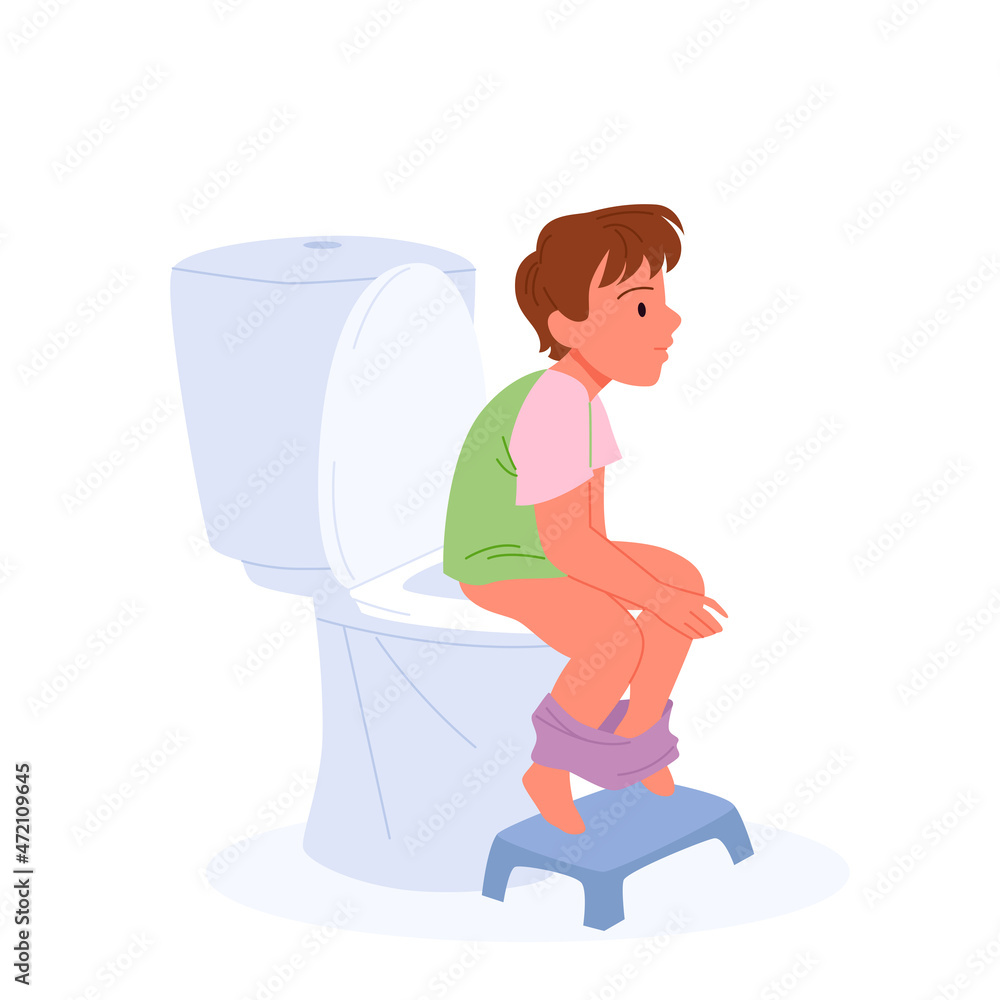 Baby boy sitting on toilet bowl in unhealthy posture vector illustration. Cartoon funny preschool kid training to use toilet with foot bench in restroom isolated on white. Personal hygiene concept Baby boy sitting on toilet bowl in unhealthy posture vector illustration. Cartoon funny preschool kid training to use toilet with foot bench in restroom isolated on white. Personal hygiene concept
