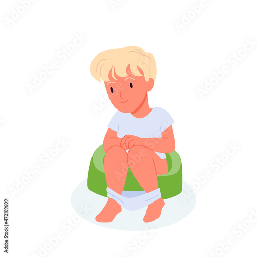 Baby boy sitting on green chamber pot vector illustration. Cartoon little child doing morning or evening hygiene routine in bathroom or lavatory isolated on white. Toddler potty training concept