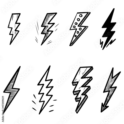 set of hand drawn vector doodle electric lightning bolt symbol sketch illustrations. vector illustration.