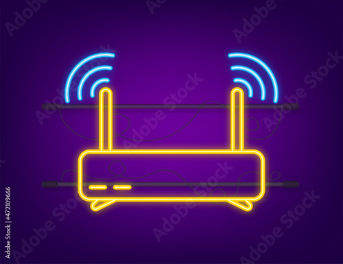 Network Router neon icon. Wifi router, wireless broadband modem. Communication Access Network. Vector stock illustration.