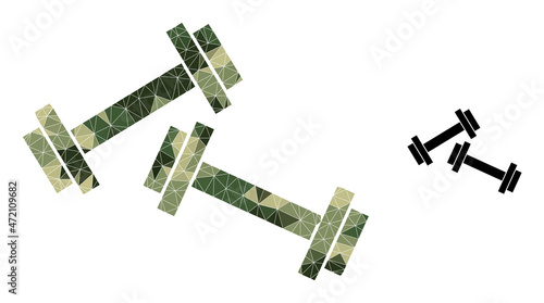 Camouflage low-poly mosaic barbells icon. Low-poly barbells pictogram is constructed of chaotic camouflage colored triangle parts. Vector barbells pictogram designed in camouflage military style.